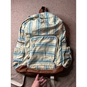 Billabong Canvas Backpack Blue Stripes Cream w/ Brown Faux Leather Accents